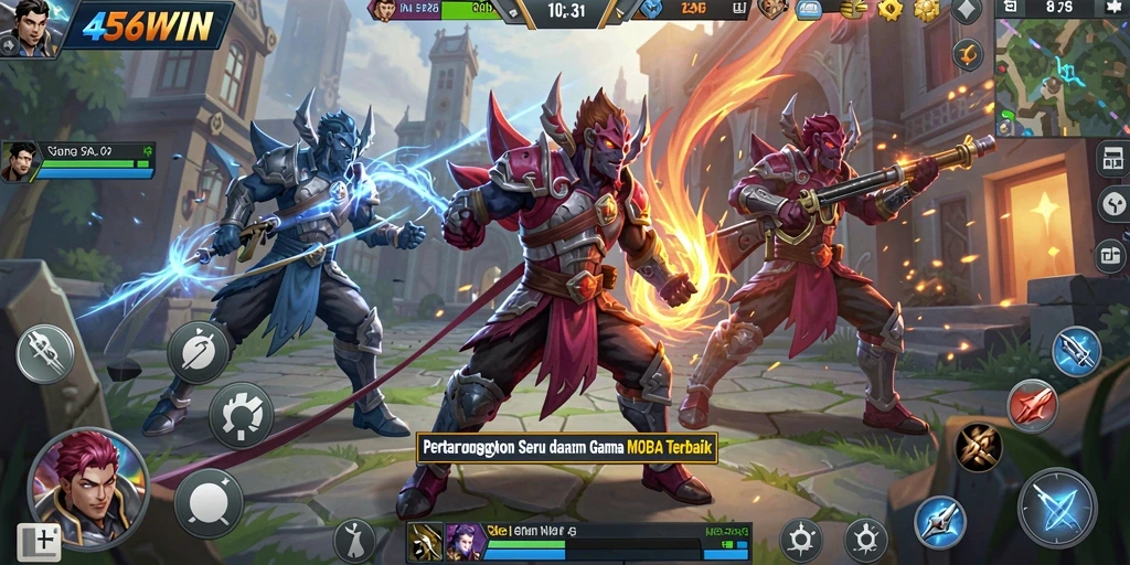 Tangkapan layar 456WIN menampilkan aksi seru dalam pertempuran MOBA.